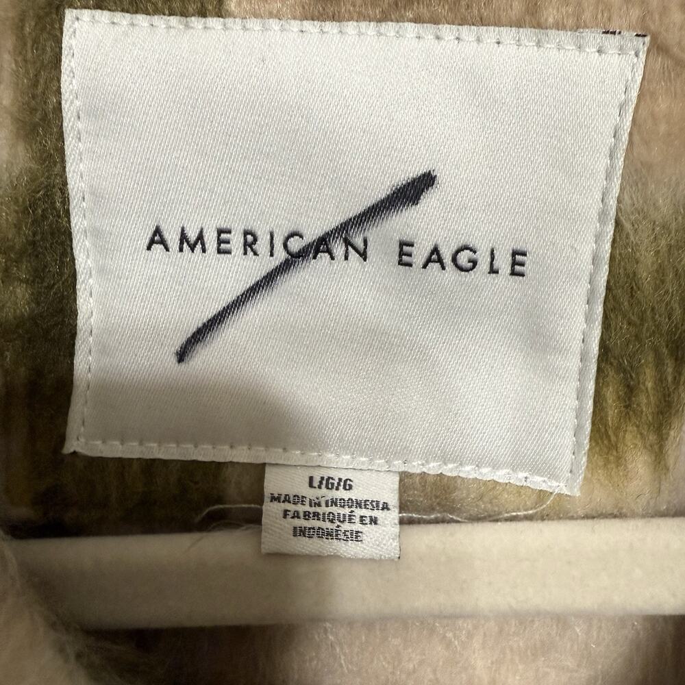 American Eagle Fuzzy Shacket Women’s L Ivory Plaid Heavy Wool Blend Oversized - Picture 8 of 12